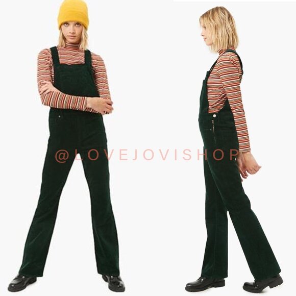 Cabincore | Forest Green Corduroy Overalls Gold Side Zipper | Forever 21 Utility - Picture 3 of 13